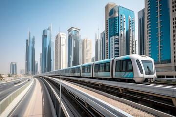 Naklejka premium Metro in Dubai, UAE. Public transport with skyscrapers and city skyline in background.