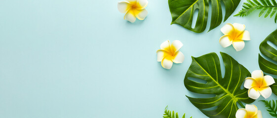 Summer background with tropical frangipani flowers and green tropical palm leaves on light...