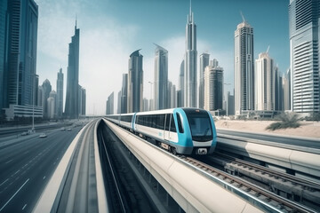 Metro in Dubai, UAE. Public transport with skyscrapers and city skyline in background.