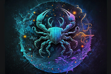 Illustration of colorful neon glowing cancer zodiac sign, generative ai.