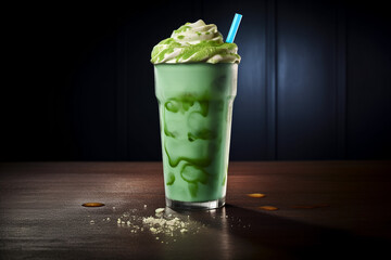A green milkshake with a blue straw and a cup of green shamrock ice cream. Generative Ai