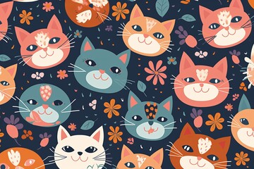 An enchanting seamless pattern that celebrates the irresistible cuteness of cat faces. The pattern showcases a variety of stylized cat faces, seamless pattern with cats blue background, Generative AI
