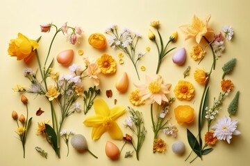 Fresh spring flowers on a pastel yellow background created with generative AI technology. - obrazy, fototapety, plakaty
