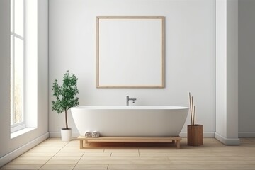 Blank horizontal poster frame mock up in minimal style bath room interior, modern bath room interior background,Ai Genretive