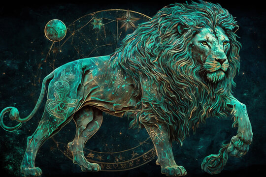 Illustration of colorful neon glowing leo zodiac sign, generative ai.