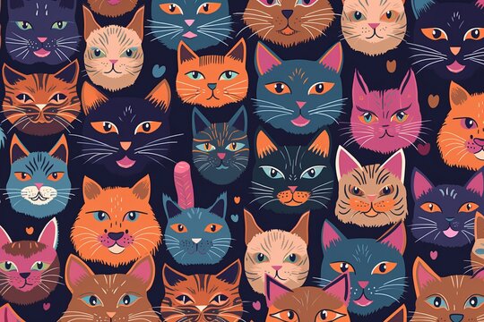 An enchanting seamless pattern that celebrates the irresistible cuteness of cat faces. The pattern showcases a variety of stylized cat faces, seamless pattern with cats blue background, Generative AI