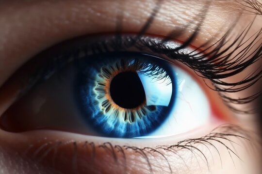 Close up view at a colored human eye created with generative AI technology.