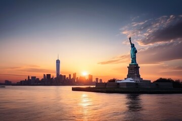 Skyline of Manhattan during sunset in New York with the big Statue of Liberty created with generative AI technology.