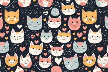 An enchanting seamless pattern that celebrates the irresistible cuteness of cat faces. The pattern showcases a variety of stylized cat faces, seamless pattern with cats blue background, Generative AI
