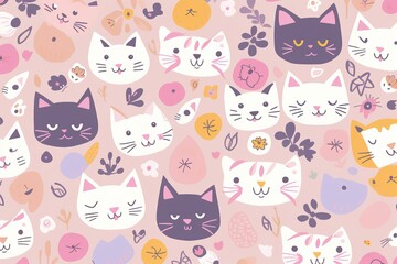 An enchanting seamless pattern that celebrates the irresistible cuteness of cat faces. The pattern showcases a variety of stylized cat faces, seamless pattern with cats pink background, Generative AI