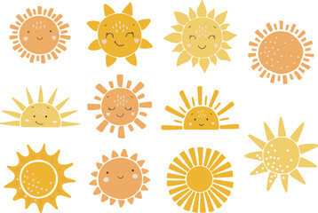 Abstract sun vector set, baby sun illustration, boho sunshine set, baby vector, children illustration, cute sun with face