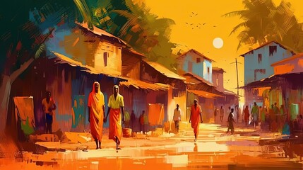 illustration of evening sunset at rural countryside African village with people walking on street, idea for home wall decor picture, Generative Ai