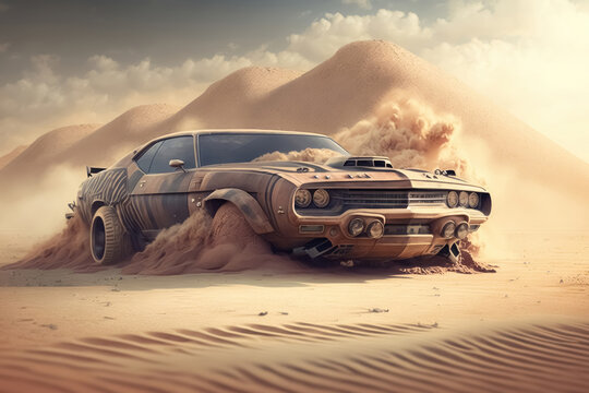 A fast muscle car churns up sand in a desert created with generative AI technology.