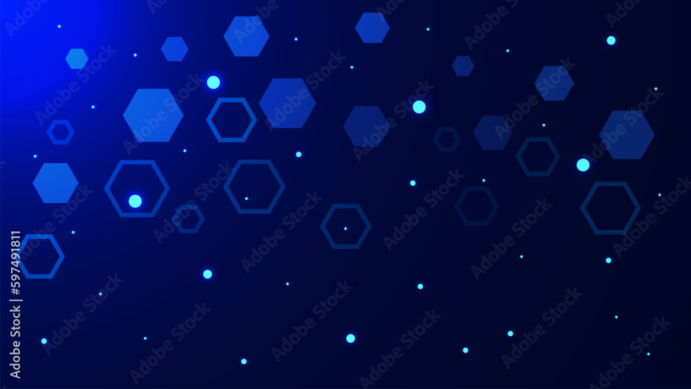 Poster abstract futuristic network business with hexagonal shapes and glowing particle on dark blue backgro