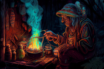 Image of shaman before preparing psychedelic hallucinogenic ayahuasca, concept of spiritual practice in amazon jungle. - obrazy, fototapety, plakaty