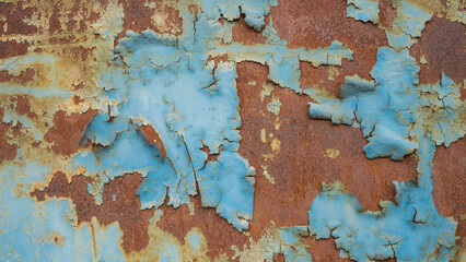 Abstract rusty peeled off, exfoliated painted weathered old aged rust metal iron steel wall texture background