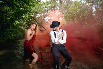 couple in love decide relationship, girl in red dress in water, man at table in water, boy and girl decide relationship
