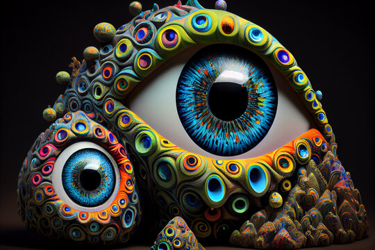DMT visual imagery, colorful abstract mystical art, close up portrait of eyes on hallucinogenic psychedelics. Concept of shamanism and spiritual experience.