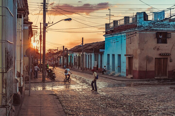 Sunset in the old streets of Trinidad in Cuba