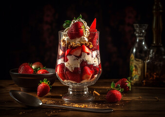 A delicious tasty strawberry sandae ice-cream  and fresh strawberry topping. Generative Ai - 597492084