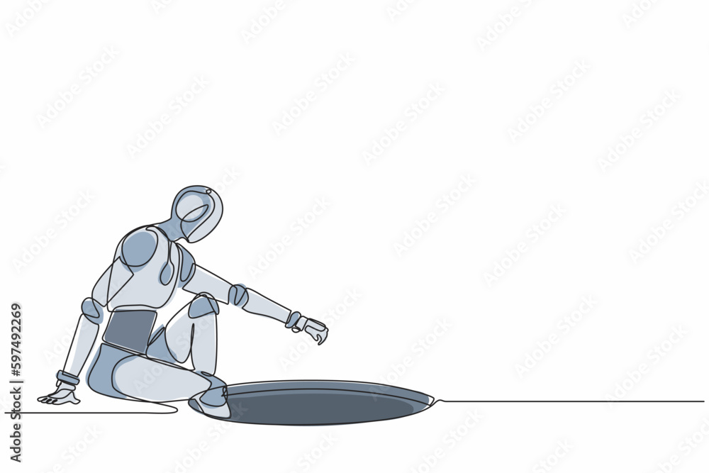 Poster single one line drawing robot descends into the hole. future technology development. artificial inte