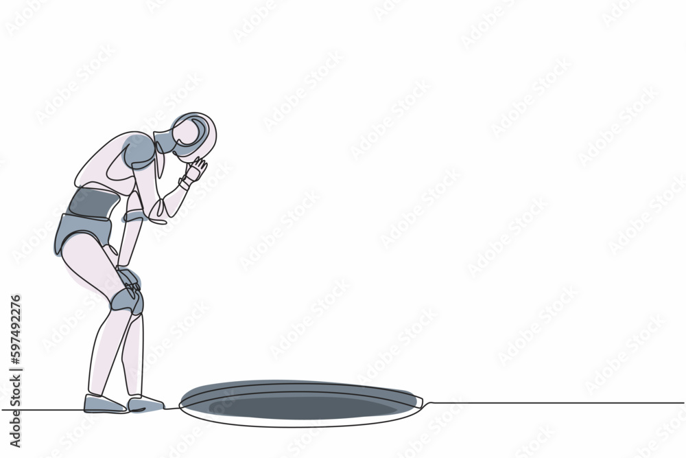 Poster single continuous line drawing robot scream into pit hole, wondering, looking at hole. robotics arti