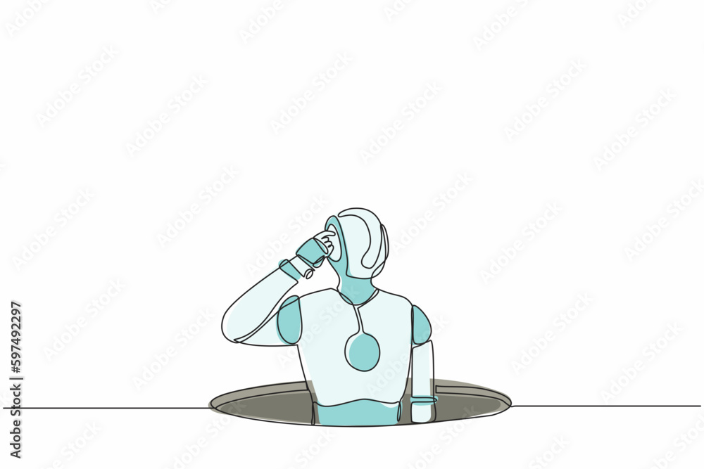 Poster single continuous line drawing confused robot emerges from the hole. modern robotic artificial intel