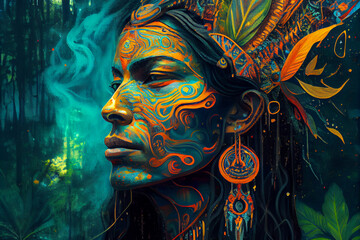 Image of shaman before preparing psychedelic hallucinogenic ayahuasca, concept of spiritual practice in amazon jungle. - obrazy, fototapety, plakaty