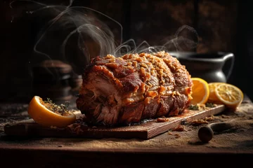 Foto op Aluminium A roast of meat with orange slices and lemons on a wooden board. Generative Ai © Ayepeid