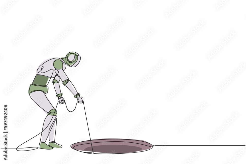 Poster continuous one line drawing robot stretch out rope into hole. wondering, looking at hole. humanoid r