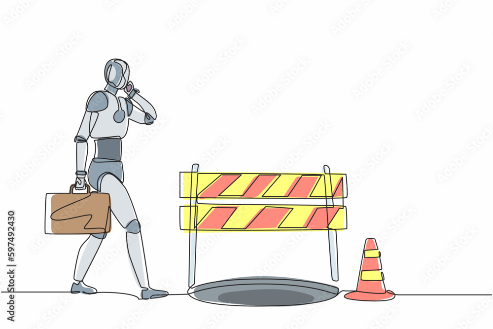 Poster single continuous line drawing robot talking on cell phone, he does not see hole in front. robotic a