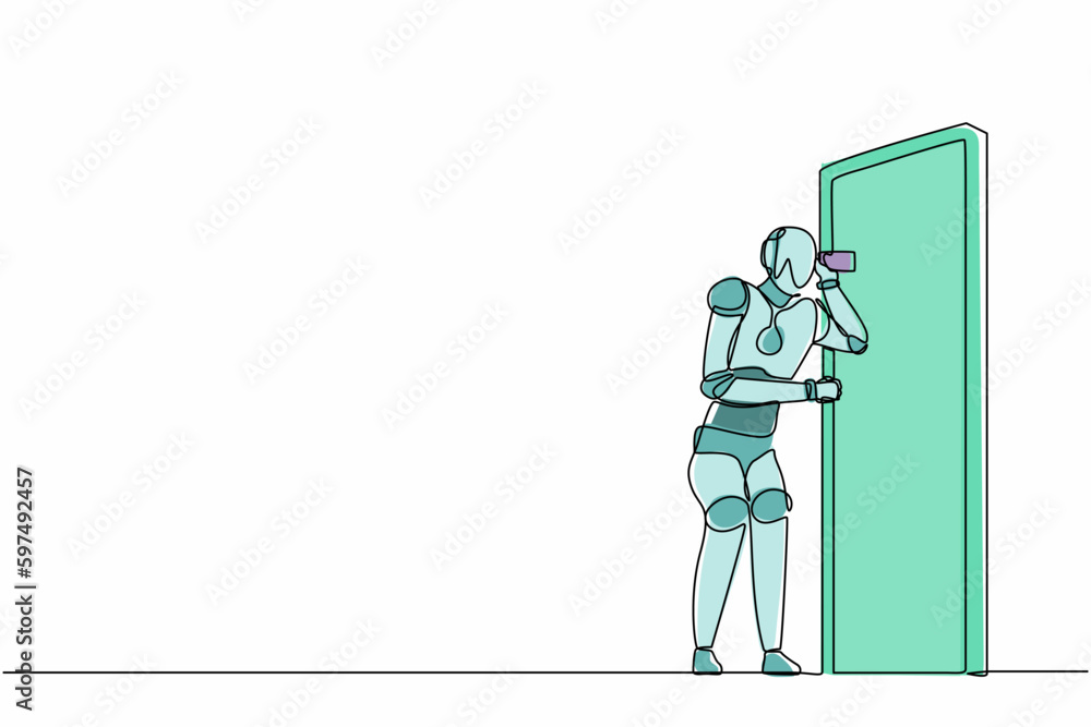 Poster single continuous line drawing robot eavesdropping and listening to conversation at door. robotic ar