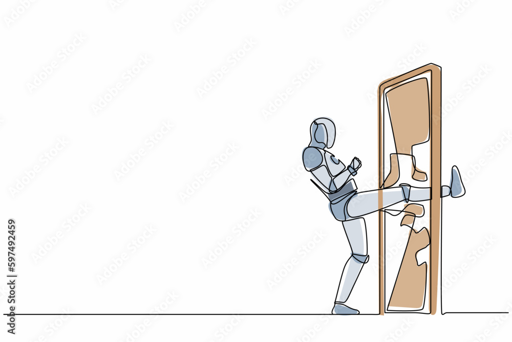 Poster single one line drawing robot kicking locked door and destroy. future technology development. artifi