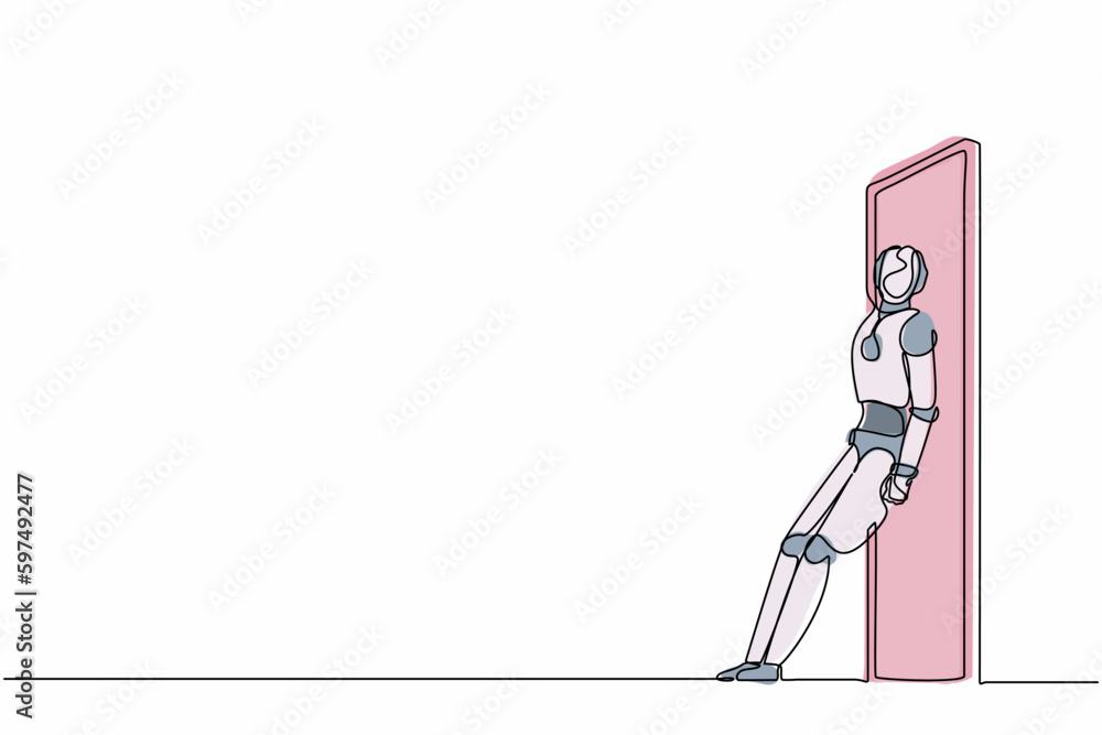 Poster continuous one line drawing robots standing and pushing door with her back. humanoid robot cyberneti