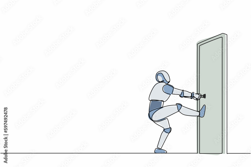Poster single one line drawing robot pulling closed door knob with power. future technology. artificial int