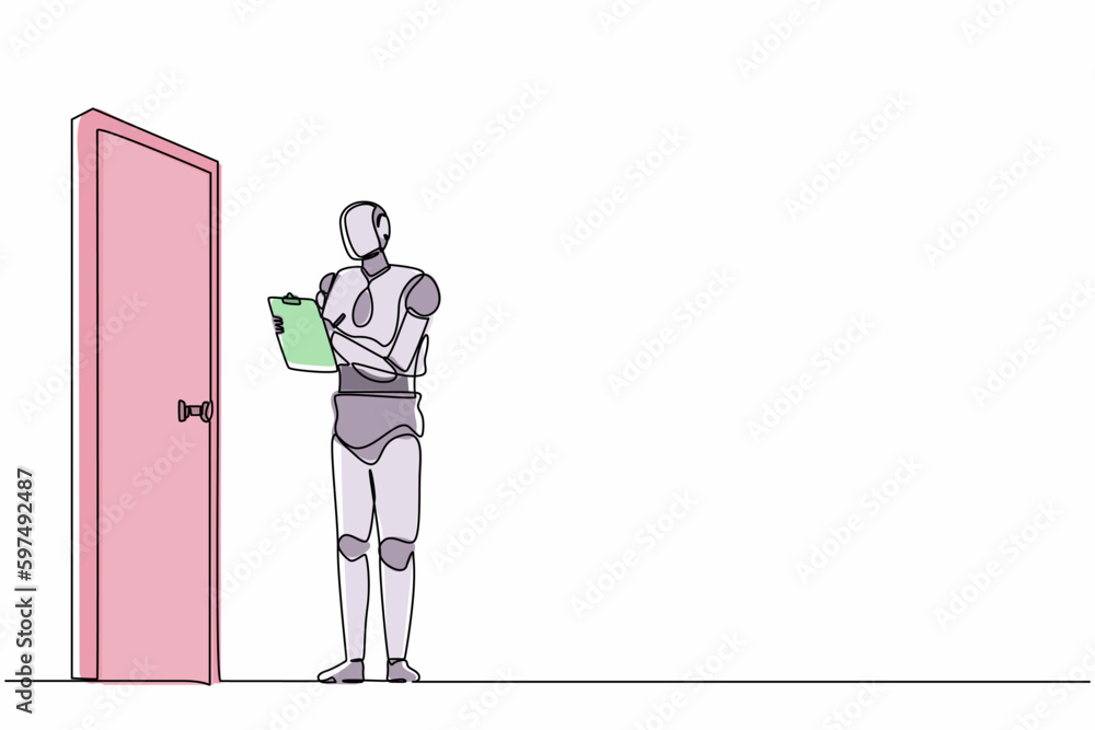 Poster continuous one line drawing robots standing in front of door and writing on clipboard. humanoid robo