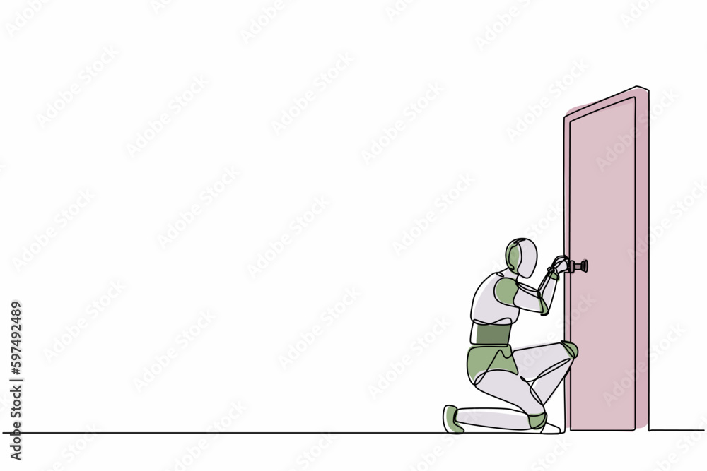 Poster single continuous line drawing robots prying doorknob with screwdriver. modern robotics artificial i