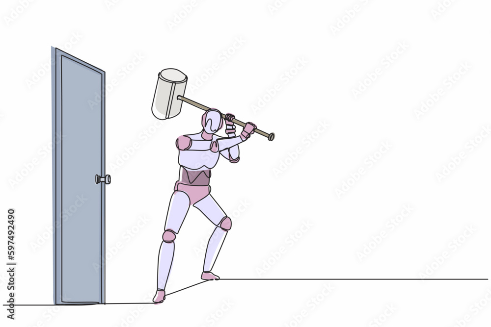 Poster single continuous line drawing robot holding large hammer to destroying door. future technology deve