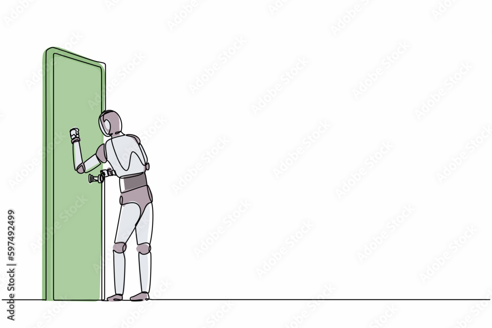 Poster continuous one line drawing robots standing in front of room and knocking door. humanoid robot cyber