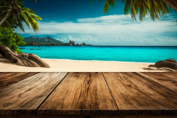 Fototapeta premium Wooden table on tropical beach background with palm trees, blue sky ocean and sand. Product display presentation banner.