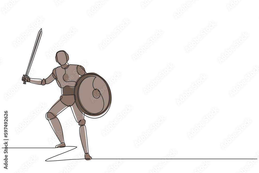 Poster single one line drawing robot with sword and shield furiously attacks. future technology development