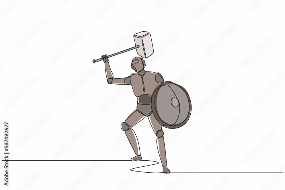 Poster single one line drawing robot with hammer and shield furiously attack. future technology development