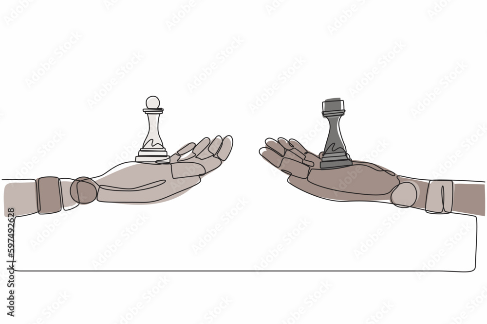 Poster single continuous line drawing robots hands with pawn and rook chess pieces. modern robotics artific