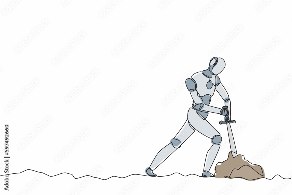 Poster single one line drawing robot tries to draw stuck excalibur sword from stone. future technology. art