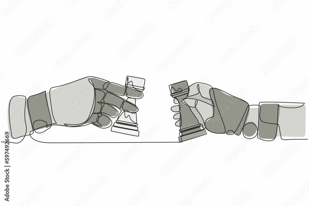 Poster single one line drawing robot hands holding rook chess piece and the other hand too. future technolo