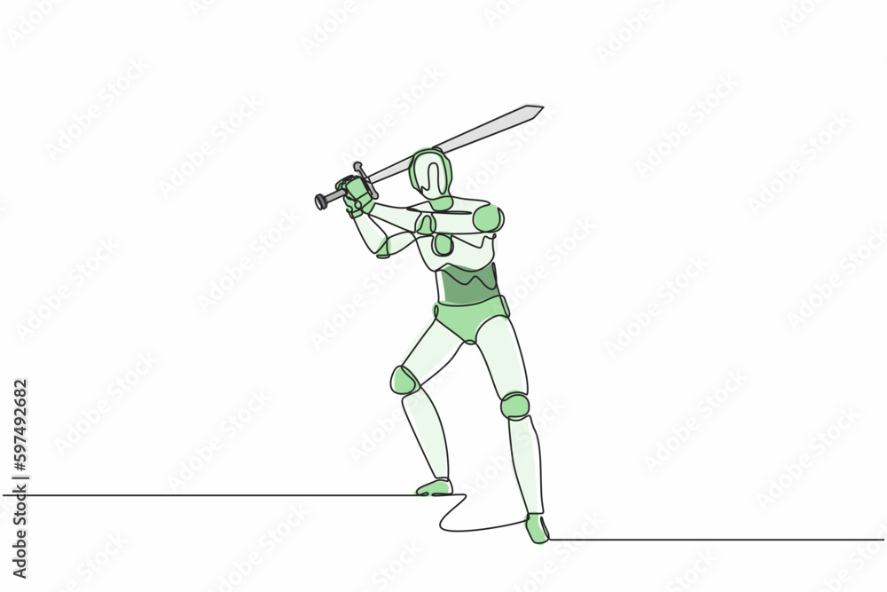 Poster continuous one line drawing robots standing and swinging big sword gesture. humanoid robot cyberneti