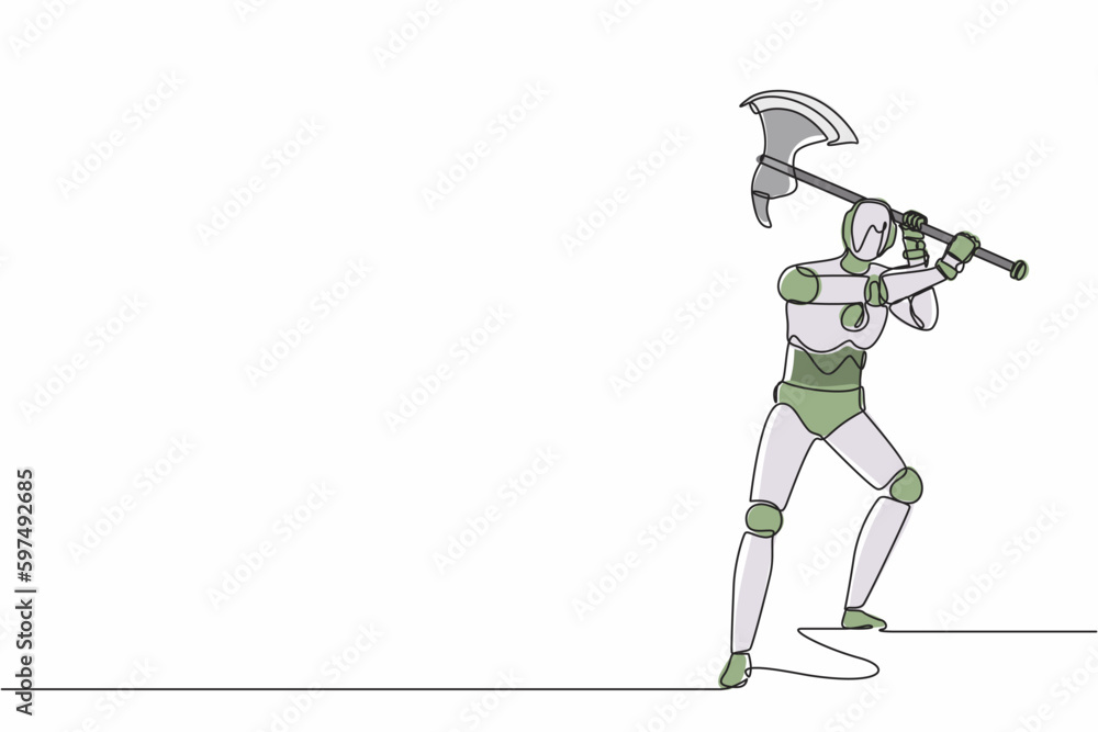 Poster single continuous line drawing robot standing and swinging big axe. modern robotics artificial intel
