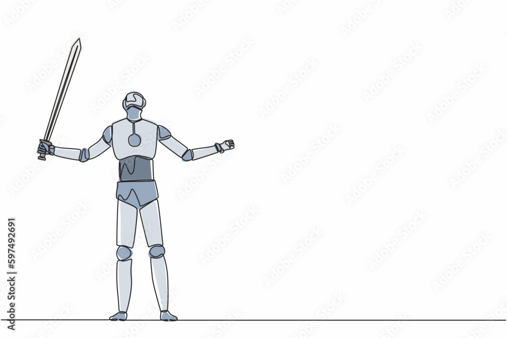 Poster continuous one line drawing robots standing and lifting up big sword. humanoid robot cybernetic orga