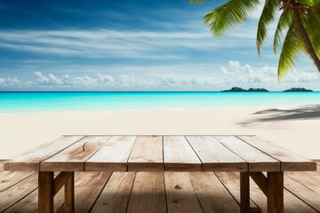 Fototapeta premium Wooden table on tropical beach background with palm trees, blue sky ocean and sand. Product display presentation banner.