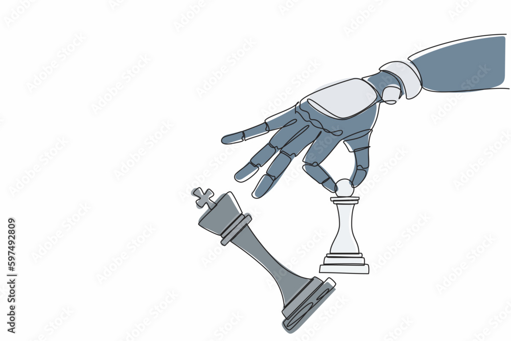 Poster continuous one line drawing robot hand holding chess pawn to take down chess king. checkmate. humano